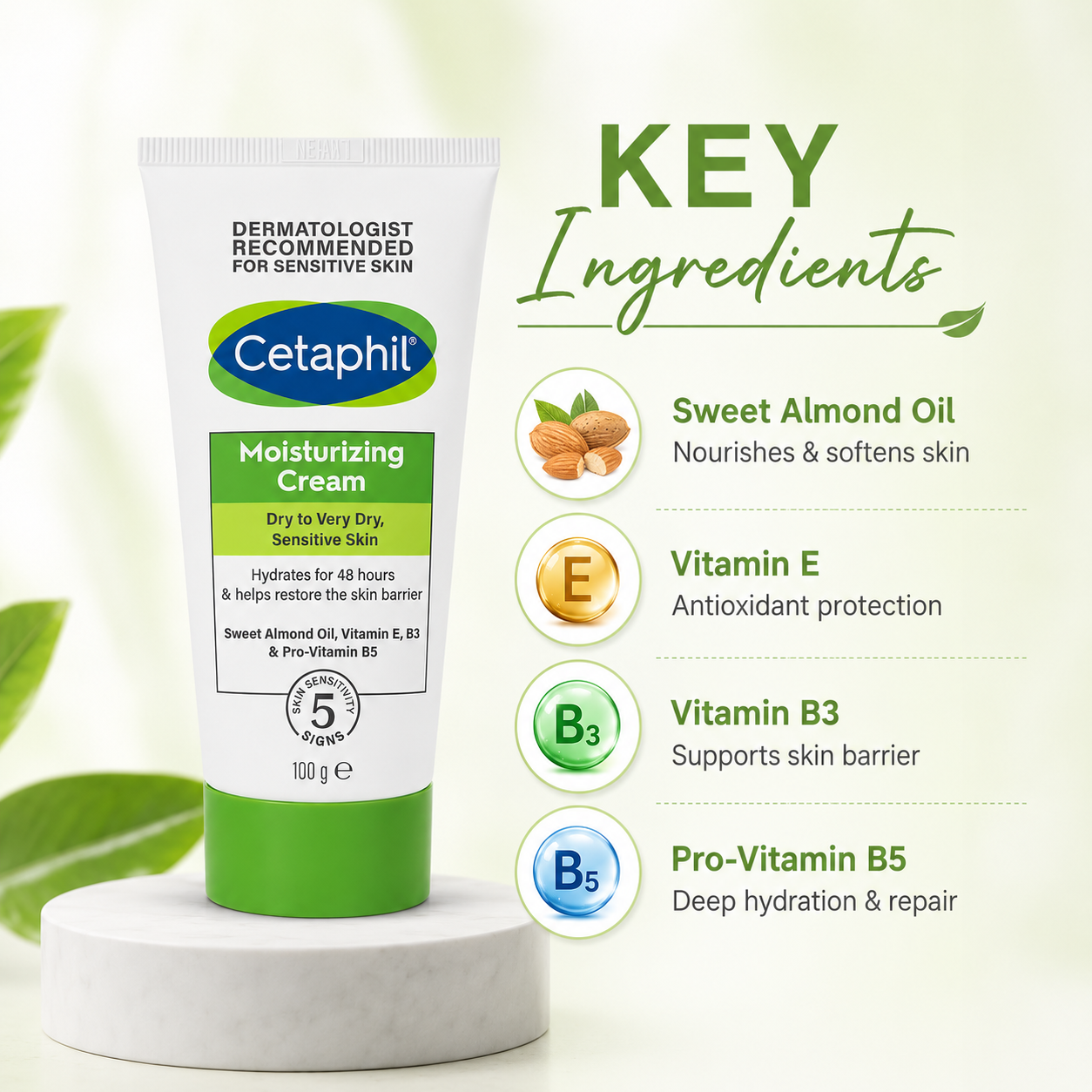 Cetaphil Moisturizing Cream Dry To Very Dry, Sensitive Skin 100g moisturizing cream providing 48-hour hydration and skin barrier support.