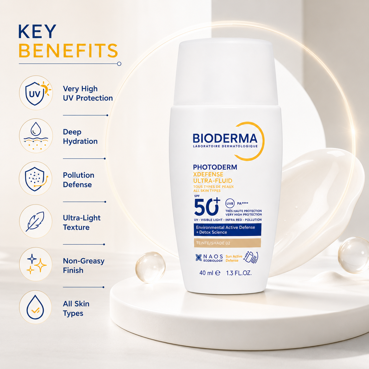 BIODERMA Photoderm XDefense Ultra-Fluid SPF 50+ PA++++ Shade 02 tinted face sunscreen 40ml with very high daily UV and pollution protection.