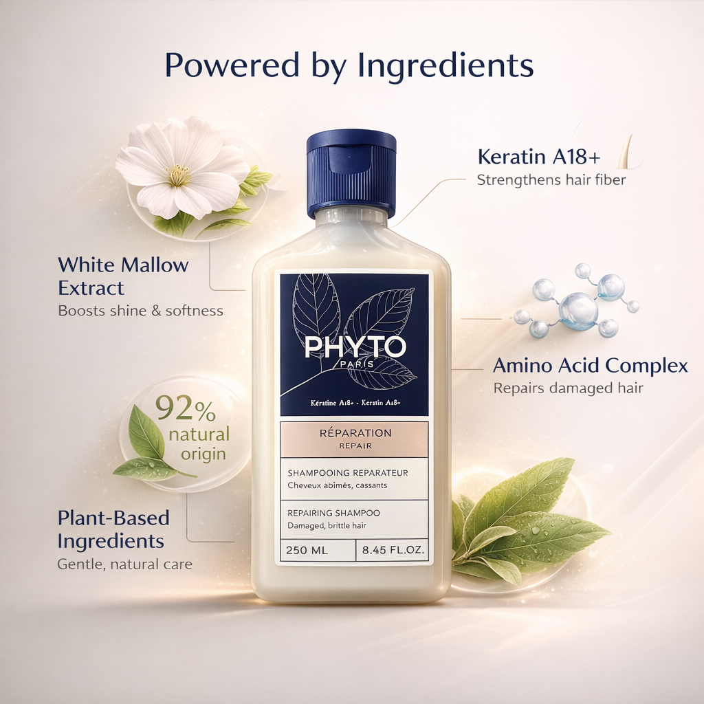 PHYTO PARIS Reparations Repairing Shampoo 250ml bottle for damaged hair, keratin A18+ formula to strengthen and repair brittle hair