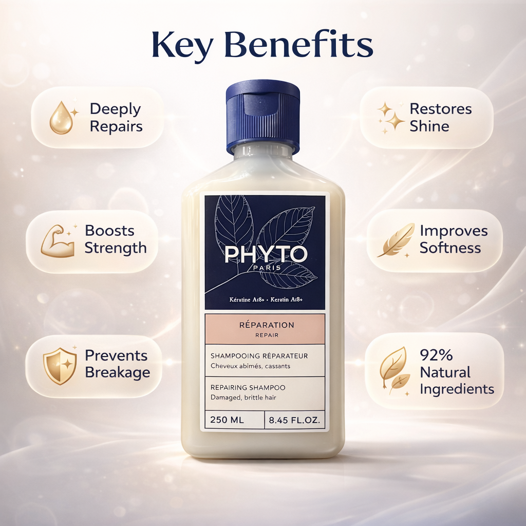 PHYTO PARIS Reparations Repairing Shampoo 250ml bottle for damaged hair, keratin A18+ formula to strengthen and repair brittle hair