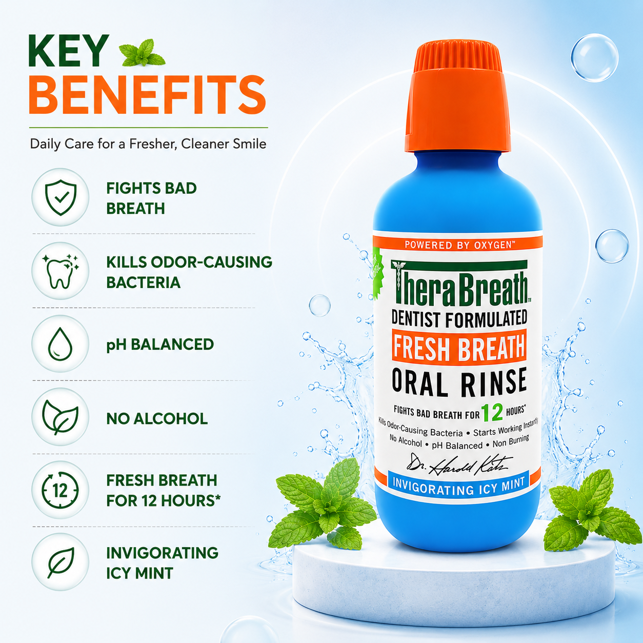 TheraBreath Fresh Breath Oral Rinse Invigorating Icy Mint mouthwash 473ml, alcohol-free formula for long-lasting fresh breath and oral care.