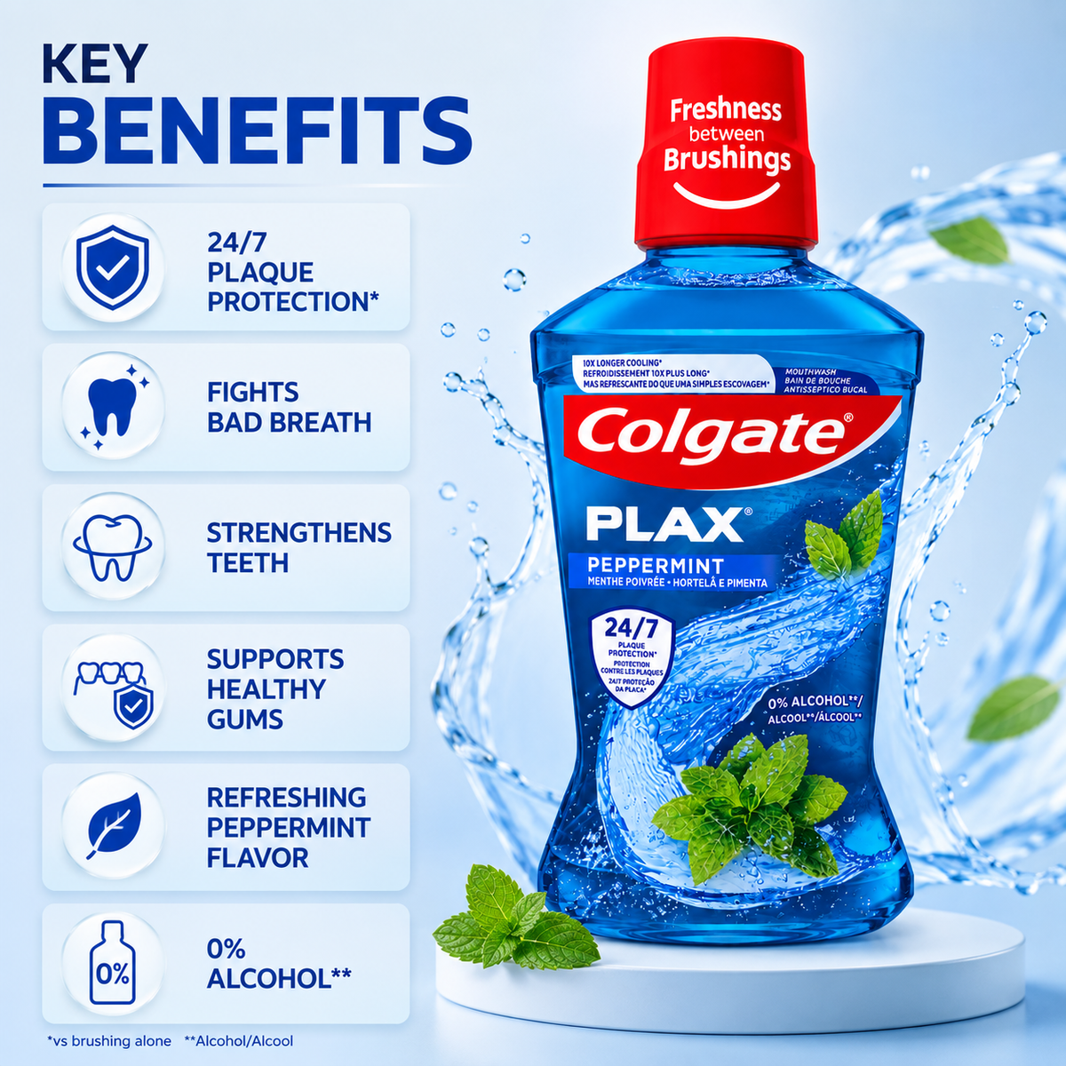 Colgate Plax Peppermint Mouthwash 500ml, alcohol-free oral rinse with 24/7 plaque protection and fresh breath