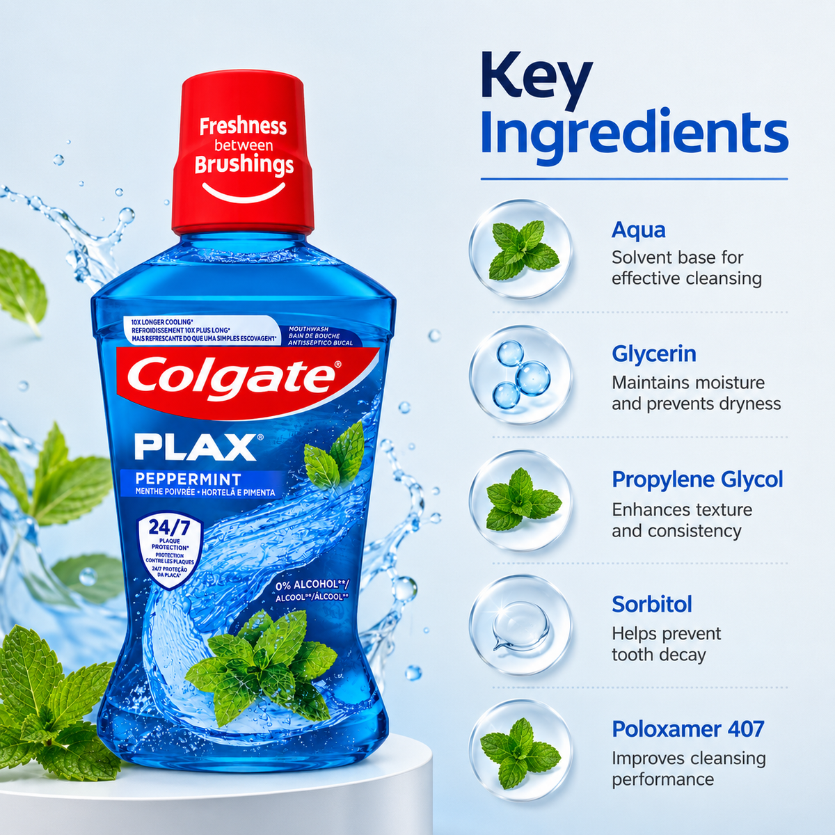 Colgate Plax Peppermint Mouthwash 500ml, alcohol-free oral rinse with 24/7 plaque protection and fresh breath