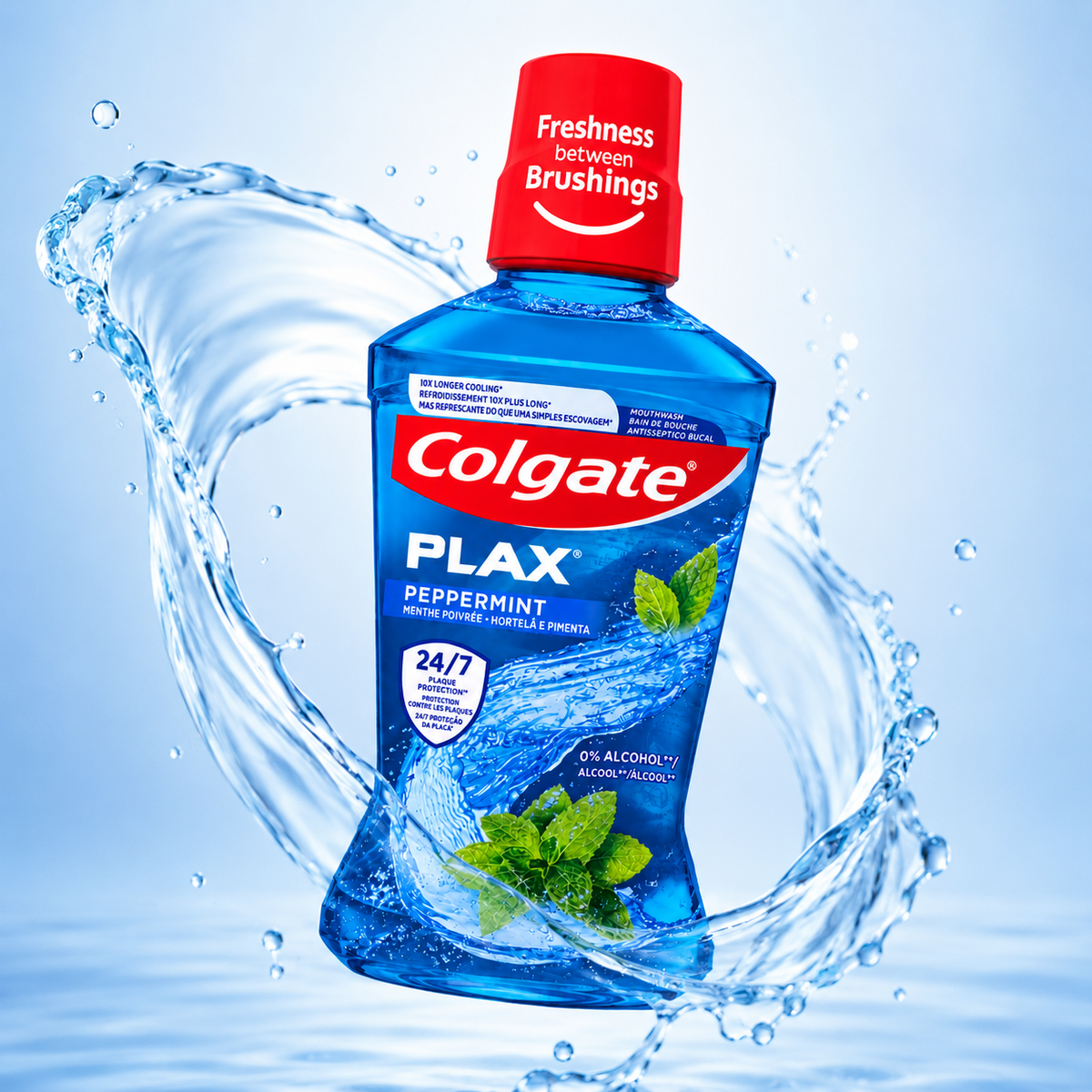 Colgate Plax Peppermint Mouthwash 500ml, alcohol-free oral rinse with 24/7 plaque protection and fresh breath