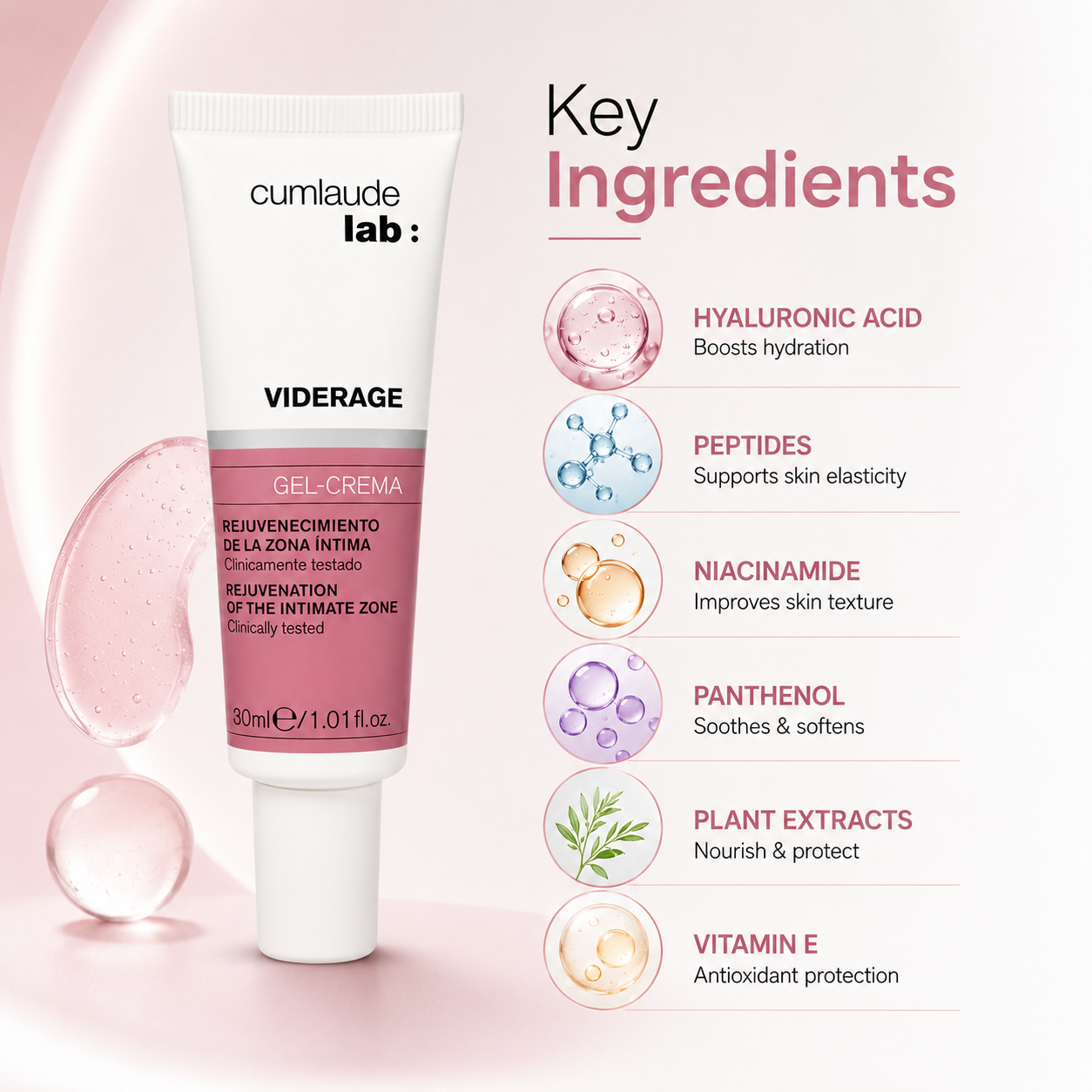Cumlaude Lab Viderage Gel-Crema 30ml intimate care gel cream for hydration, elasticity support, and sensitive skin comfort