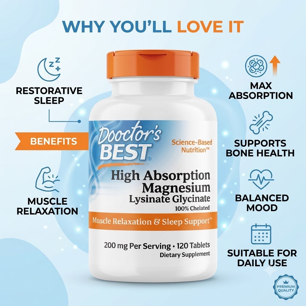 Doctor's Best High Absorption Magnesium Lysinate Glycinate 100% Chelated 120 Tablets magnesium dietary supplement for muscle relaxation and sleep support