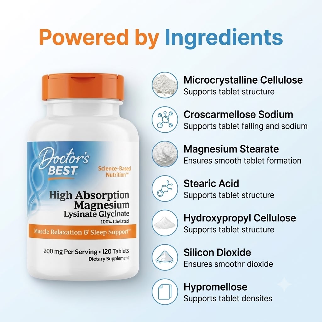 Doctor's Best High Absorption Magnesium Lysinate Glycinate 100% Chelated 120 Tablets magnesium dietary supplement for muscle relaxation and sleep support
