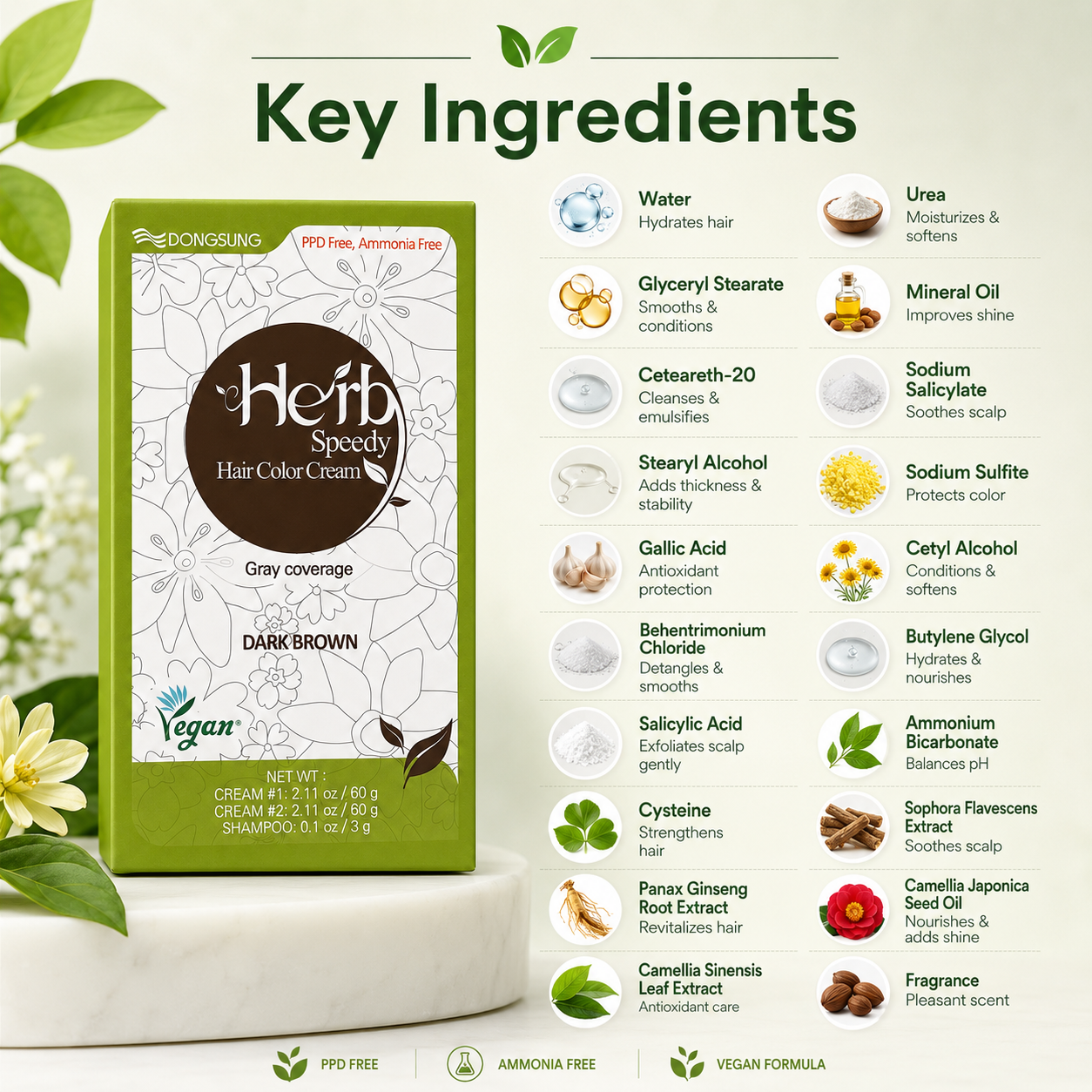 DongSung Herb Speedy Hair Color Cream Dark Brown 60g permanent hair color kit for gray coverage with ammonia-free formula and natural-looking results.