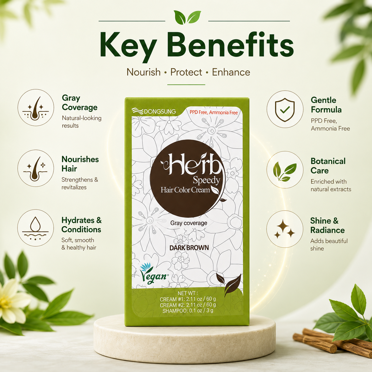 DongSung Herb Speedy Hair Color Cream Dark Brown 60g permanent hair color kit for gray coverage with ammonia-free formula and natural-looking results.