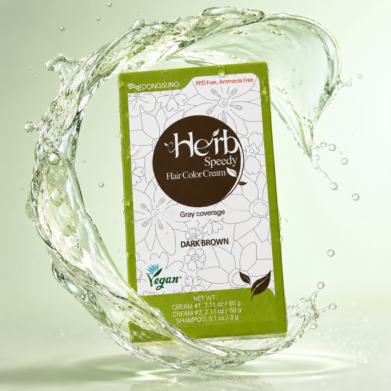 DongSung Herb Speedy Hair Color Cream Dark Brown 60g permanent hair color kit for gray coverage with ammonia-free formula and natural-looking results.