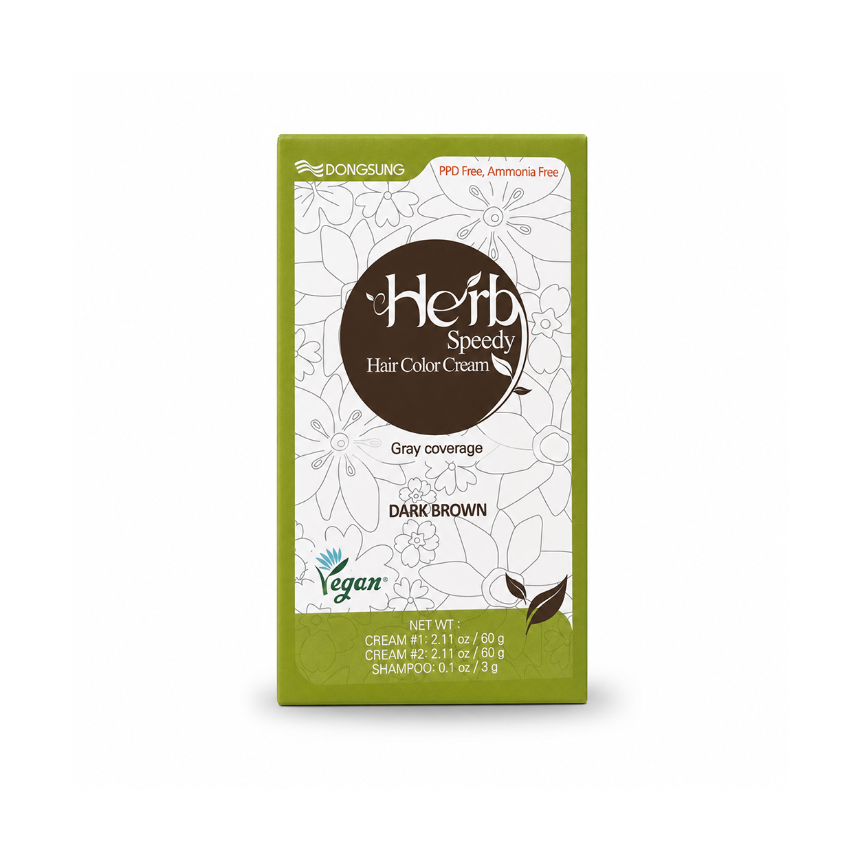 DongSung Herb Speedy Hair Color Cream Dark Brown 60g permanent hair color kit for gray coverage with ammonia-free formula and natural-looking results.