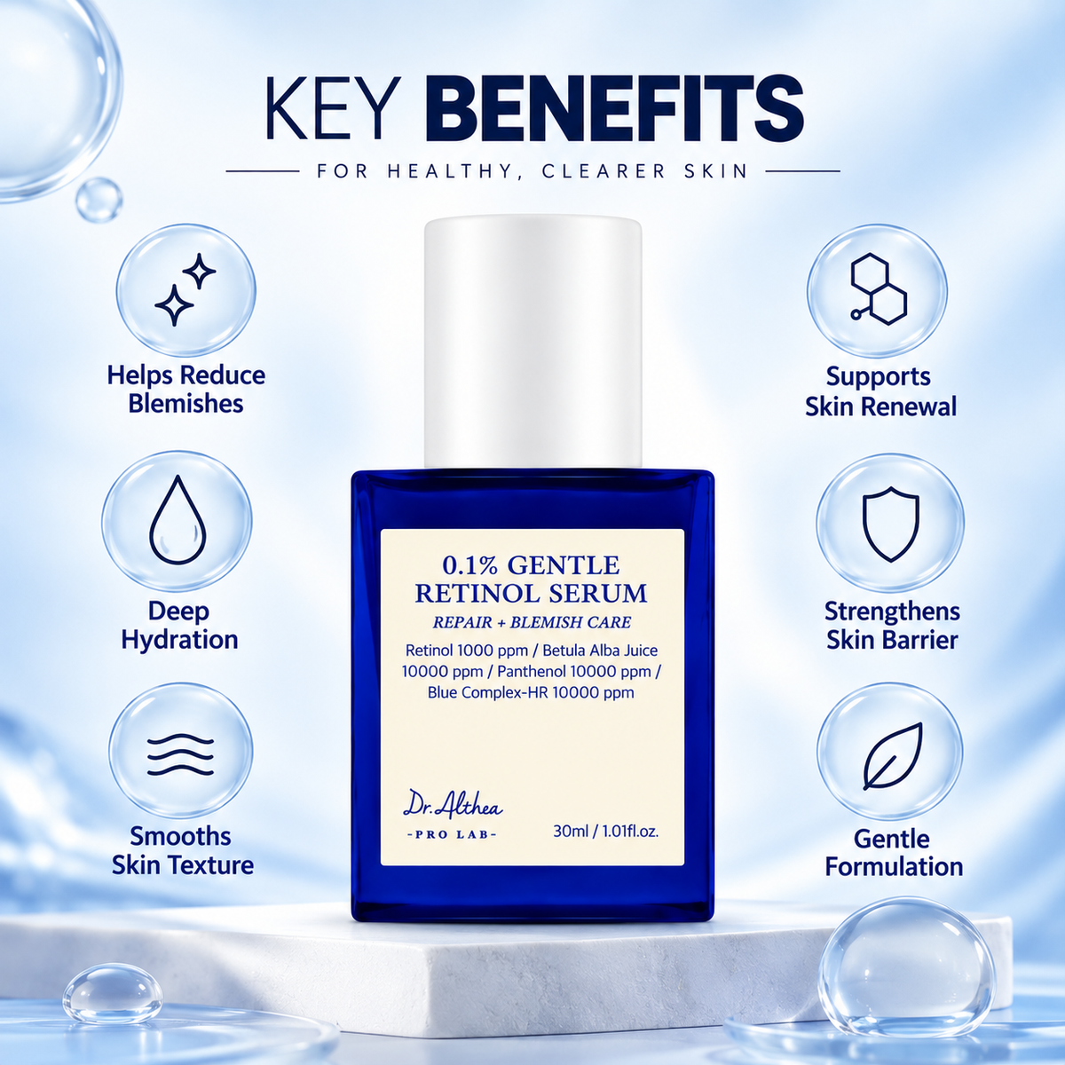 Dr.Althea 0.1% Gentle Retinol Serum 30ml, retinol face serum for blemish care and skin renewal