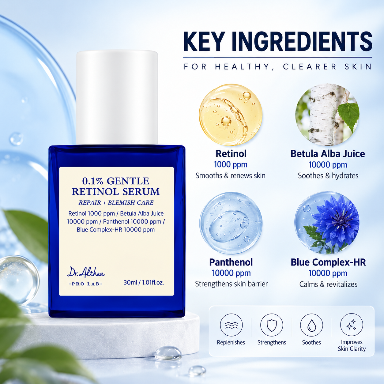 Dr.Althea 0.1% Gentle Retinol Serum 30ml, retinol face serum for blemish care and skin renewal