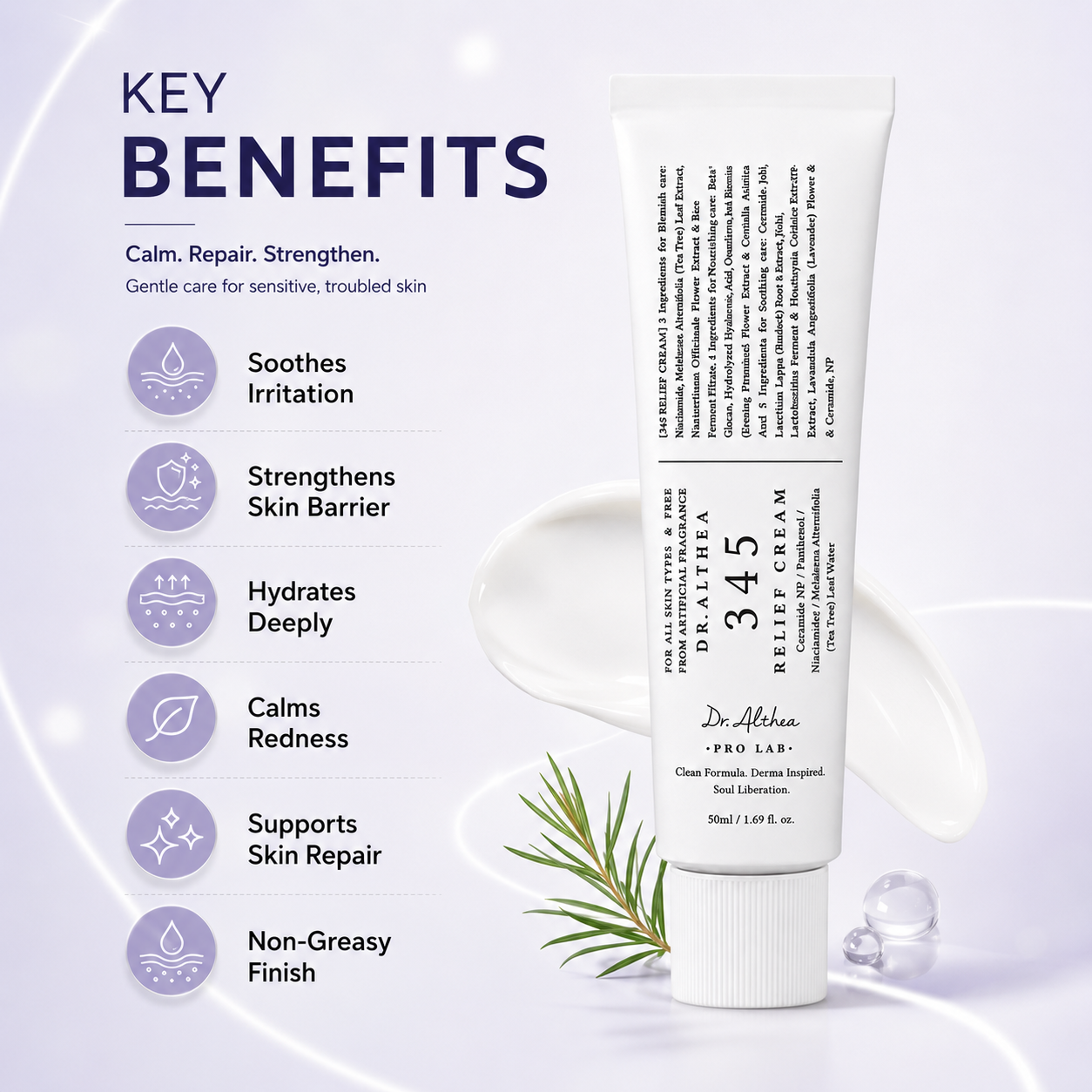 Dr. Althea 345 Relief Cream 50ml barrier repair face cream for sensitive skin with Ceramide NP and Niacinamide for deep hydration