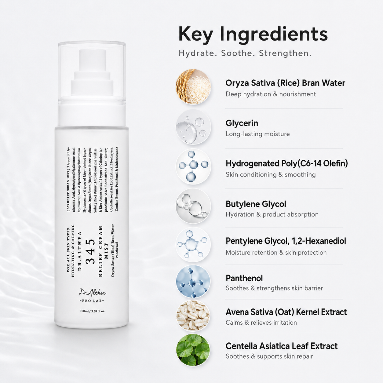 Dr. Althea 345 Relief Cream Mist 100ml facial mist for sensitive skin, providing lightweight hydration and skin barrier support.