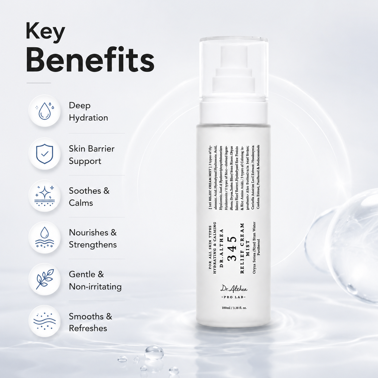 Dr. Althea 345 Relief Cream Mist 100ml facial mist for sensitive skin, providing lightweight hydration and skin barrier support.