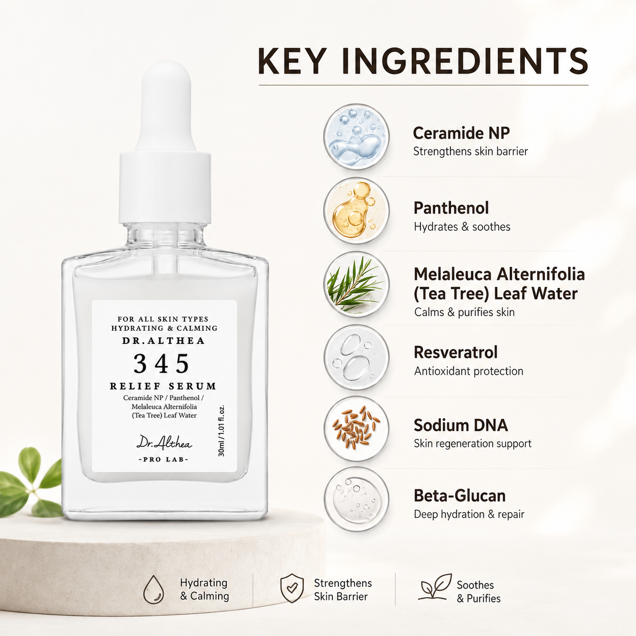 Dr. Althea 345 Relief Serum 30ml face serum with Ceramide NP and Panthenol for hydration, calming redness, and barrier care.