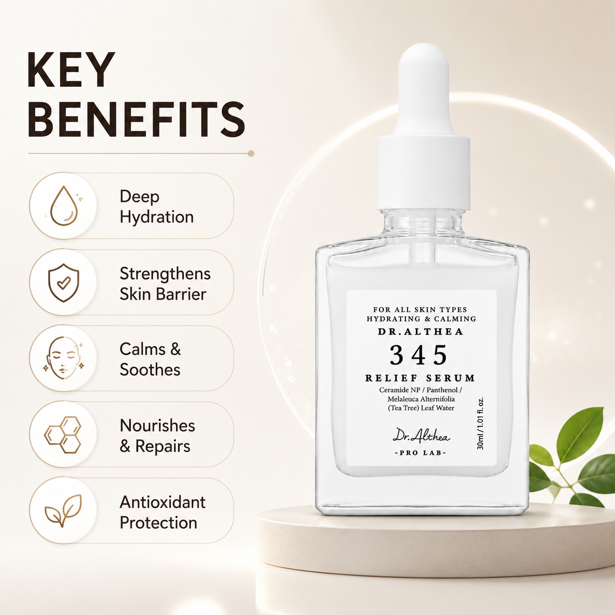 Dr. Althea 345 Relief Serum 30ml face serum with Ceramide NP and Panthenol for hydration, calming redness, and barrier care.