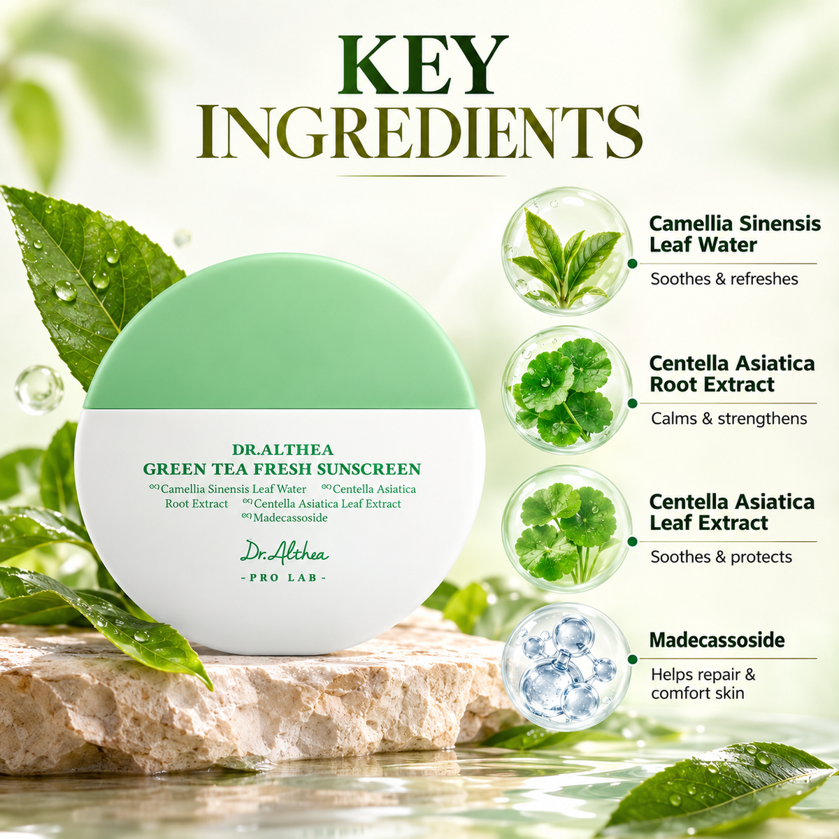 Dr.Althea Green Tea Fresh Sunscreen 45ml facial sunscreen with SPF50 PA++++ for daily UV protection