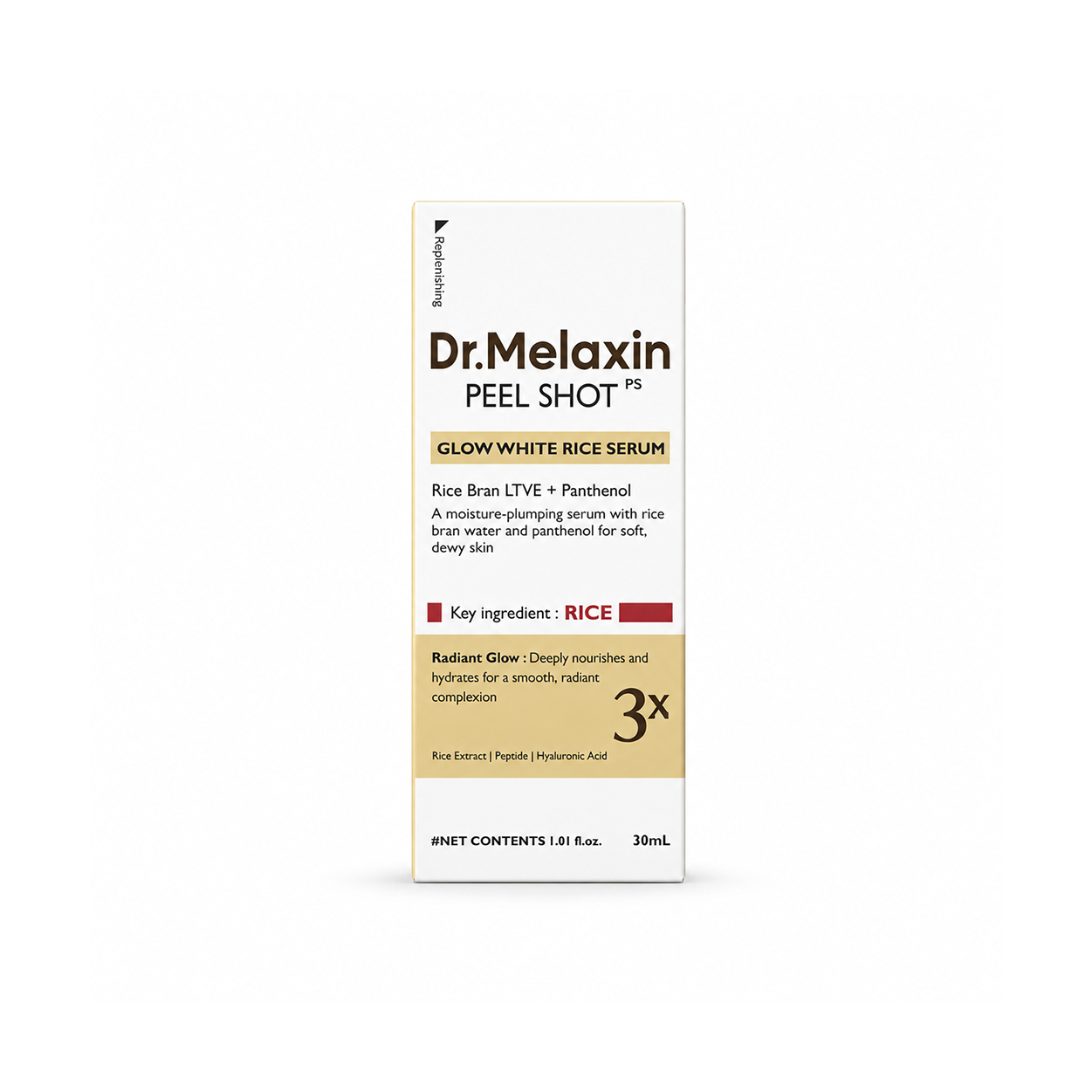 Dr.Melaxin Peel Shot Glow White Rice Serum 30ml face serum with rice extract, peptides and hyaluronic acid for hydration and radiance.