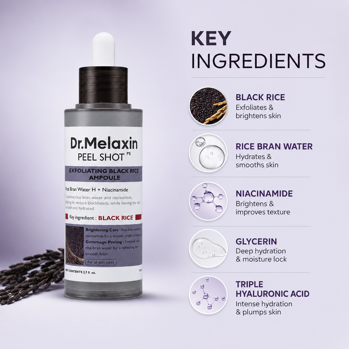Dr.Melaxin Peel Shot PS Exfoliating Black Rice Ampoule 80ml exfoliating face ampoule for smoother, brighter skin and blackhead care.
