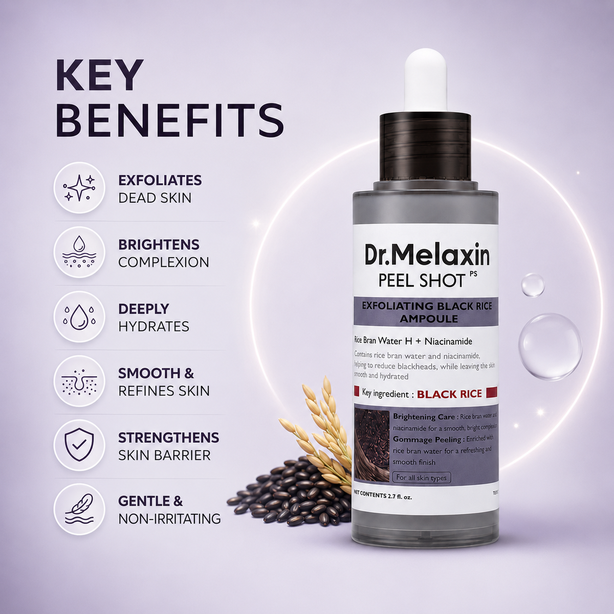 Dr.Melaxin Peel Shot PS Exfoliating Black Rice Ampoule 80ml exfoliating face ampoule for smoother, brighter skin and blackhead care.