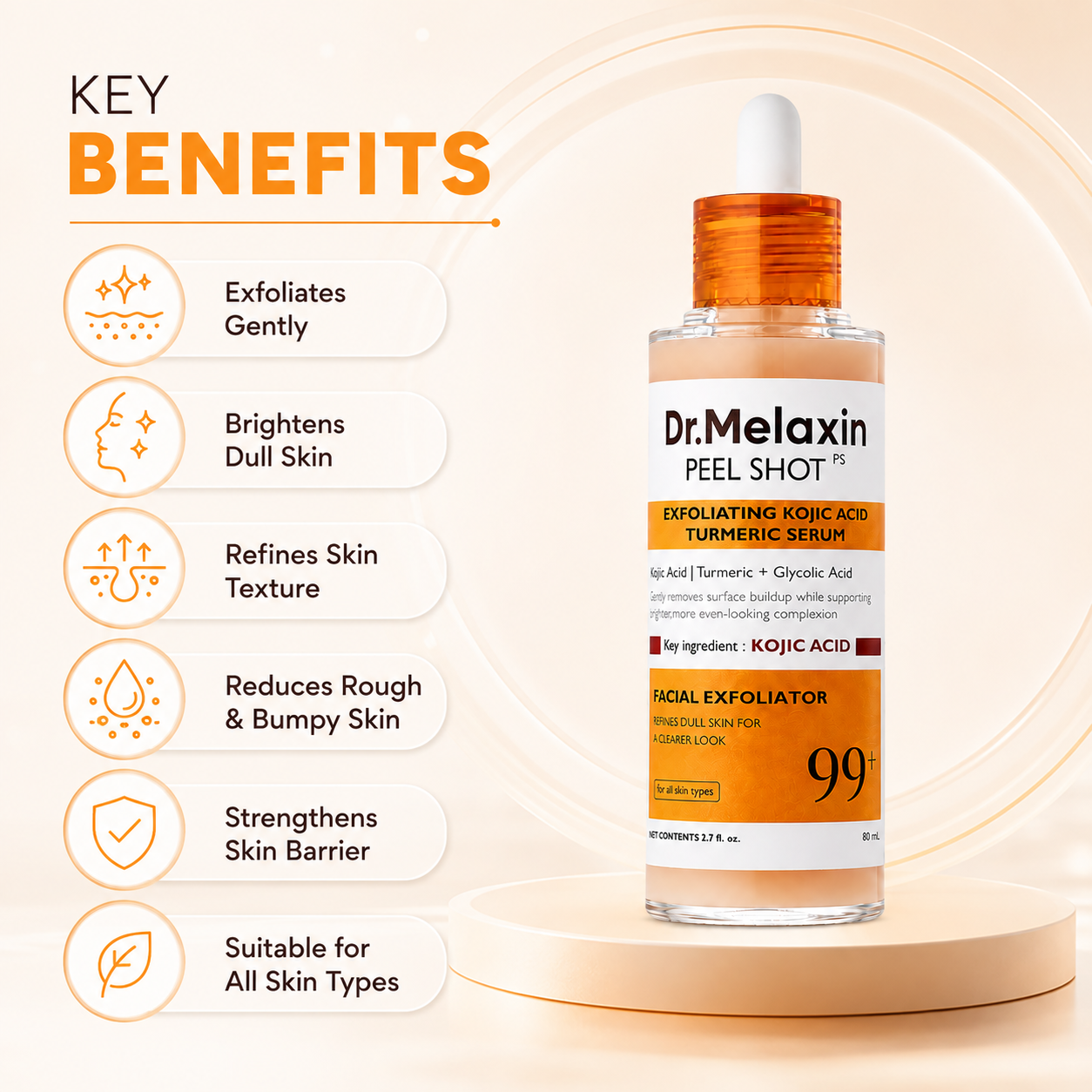 Dr.Melaxin Peel Shot PS Exfoliating Kojic Acid Turmeric Serum 80ml rinse-off facial exfoliating serum for brighter, smoother-looking skin.