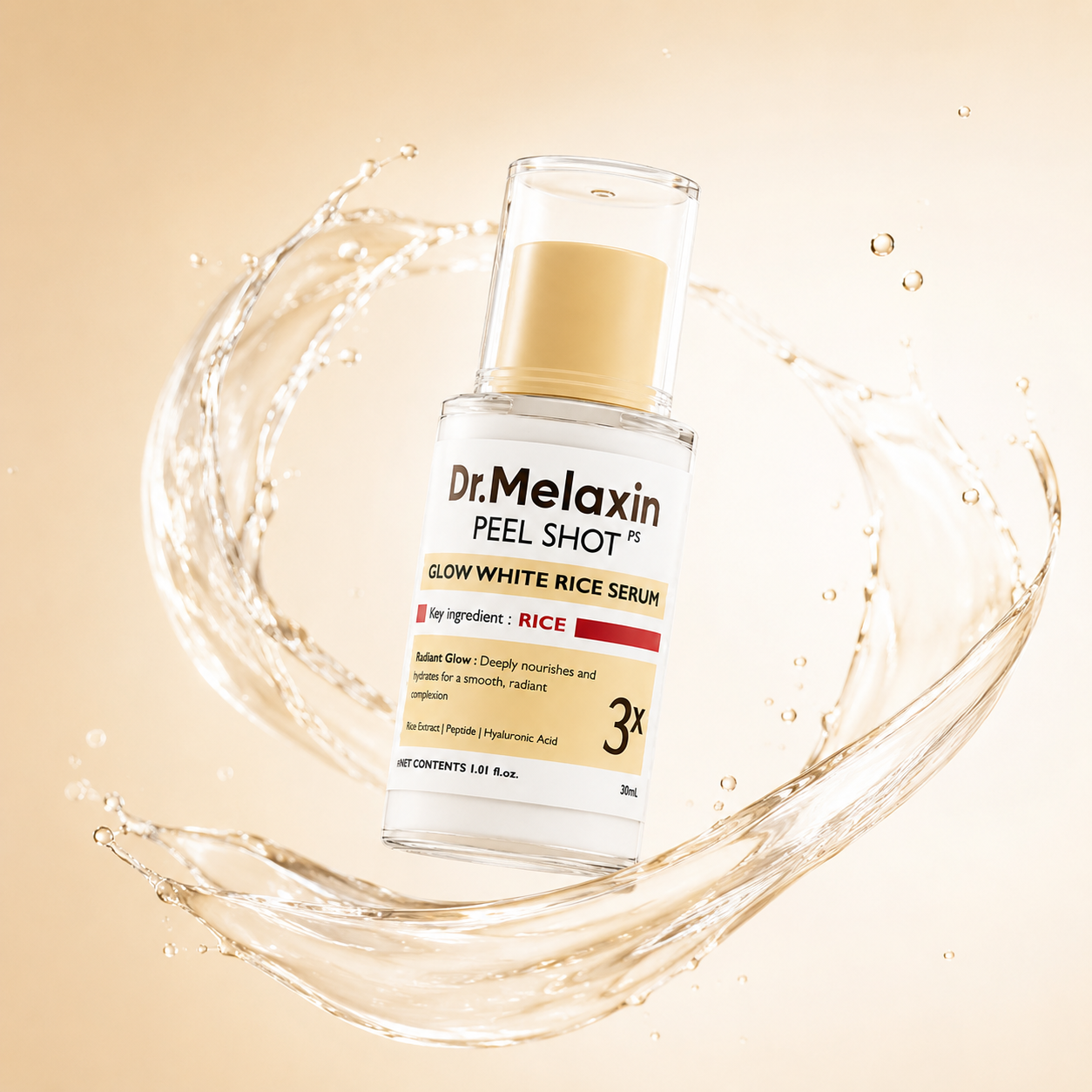 Dr.Melaxin Peel Shot Glow White Rice Serum 30ml face serum with rice extract, peptides and hyaluronic acid for hydration and radiance.
