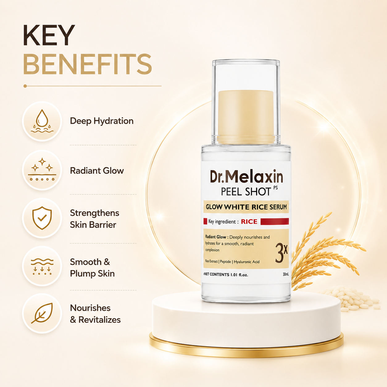Dr.Melaxin Peel Shot Glow White Rice Serum 30ml face serum with rice extract, peptides and hyaluronic acid for hydration and radiance.