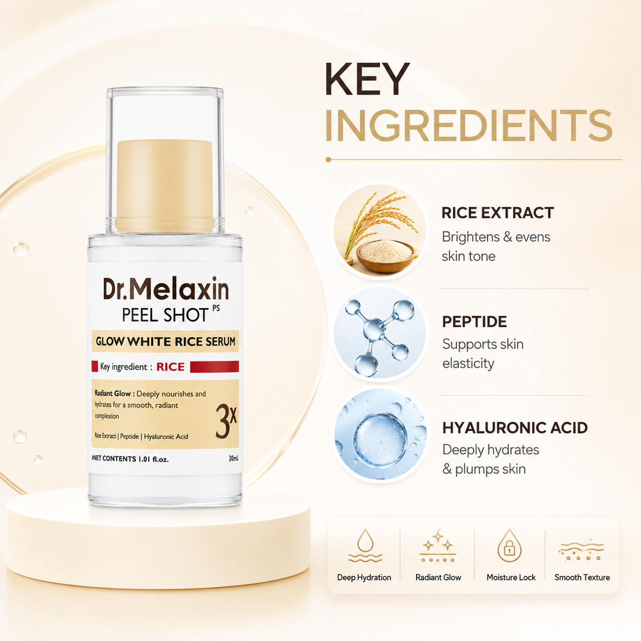 Dr.Melaxin Peel Shot Glow White Rice Serum 30ml face serum with rice extract, peptides and hyaluronic acid for hydration and radiance.