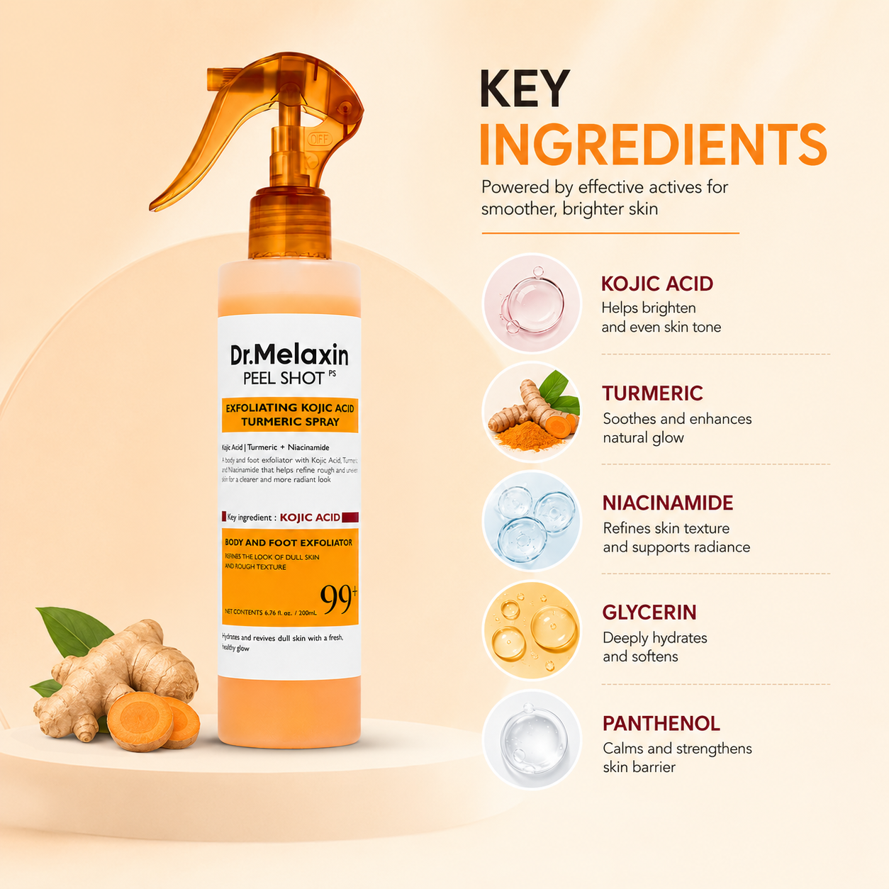 Dr.Melaxin Peel Shot PS Exfoliating Kojic Acid Turmeric Spray 200ml body exfoliating spray for smoother, brighter-looking skin texture.