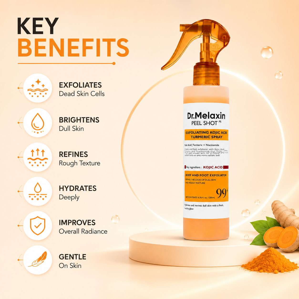 Dr.Melaxin Peel Shot PS Exfoliating Kojic Acid Turmeric Spray 200ml body exfoliating spray for smoother, brighter-looking skin texture.