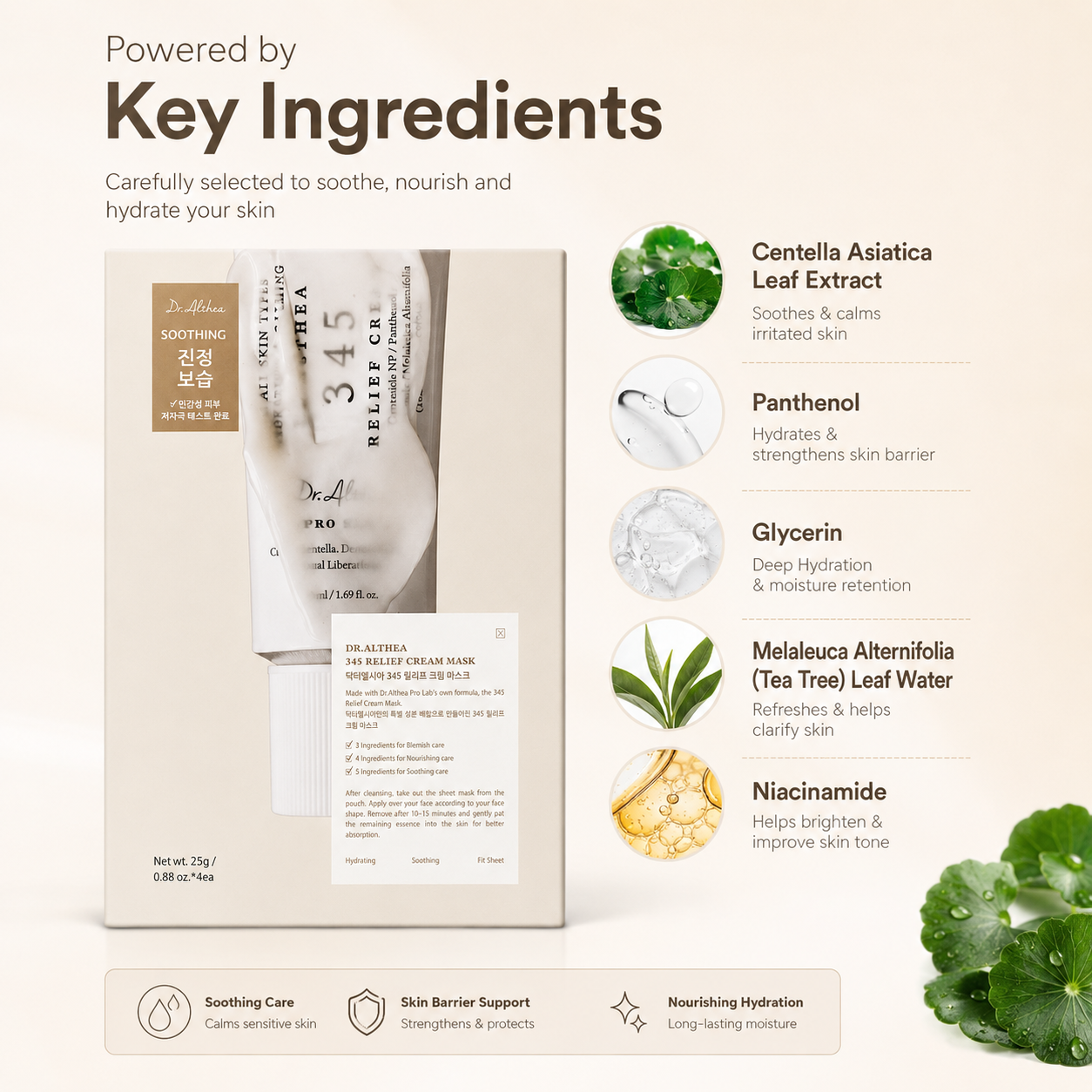 Dr. Althea 345 Relief Cream Mask hydrating sheet mask 25g x 4ea for sensitive skin, helping soothe irritation and support skin barrier care.