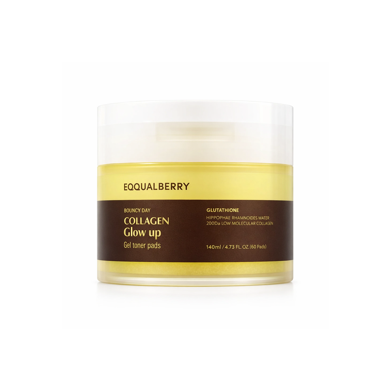 EQQUALBERRY Collagen Glow Up Gel Toner Pads 140ml box, facial toner pads for brightening and hydrating skin with collagen and glutathione