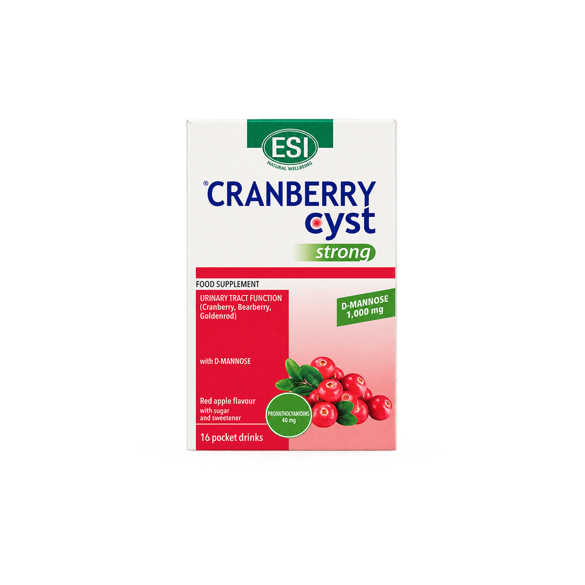 ESI Cranberry Cyst Strong urinary tract support food supplement with D-Mannose, 16 pocket drinks for urinary wellness