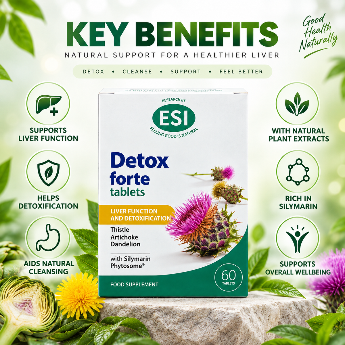 ESI Detox forte tablets food supplement 60 tablets for liver function and detoxification support