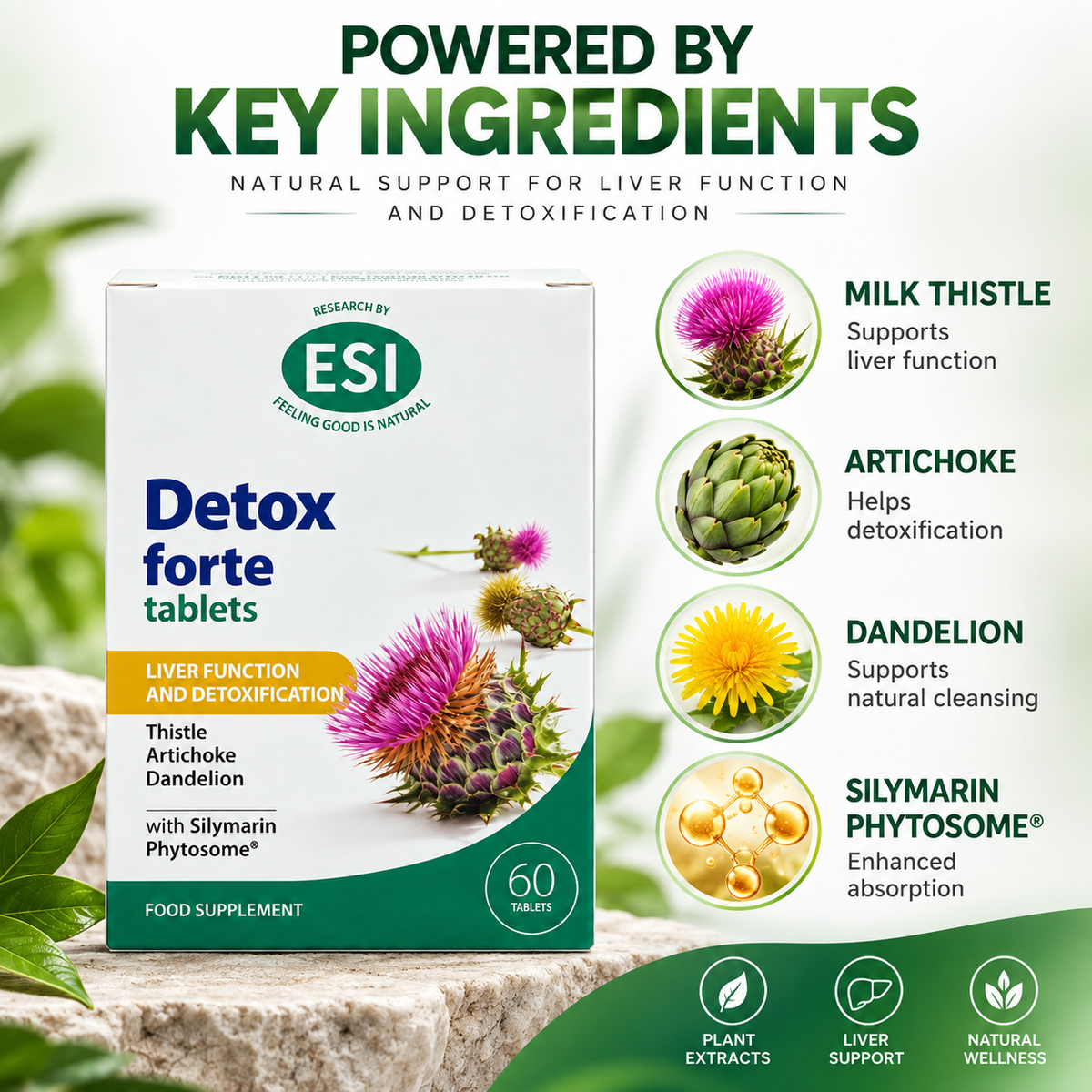 ESI Detox forte tablets food supplement 60 tablets for liver function and detoxification support