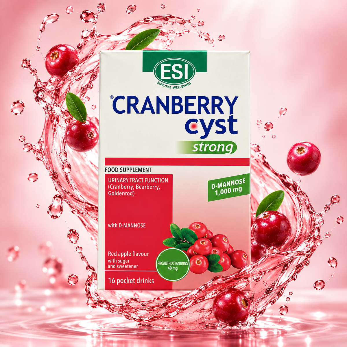 ESI Cranberry Cyst Strong urinary tract support food supplement with D-Mannose, 16 pocket drinks for urinary wellness