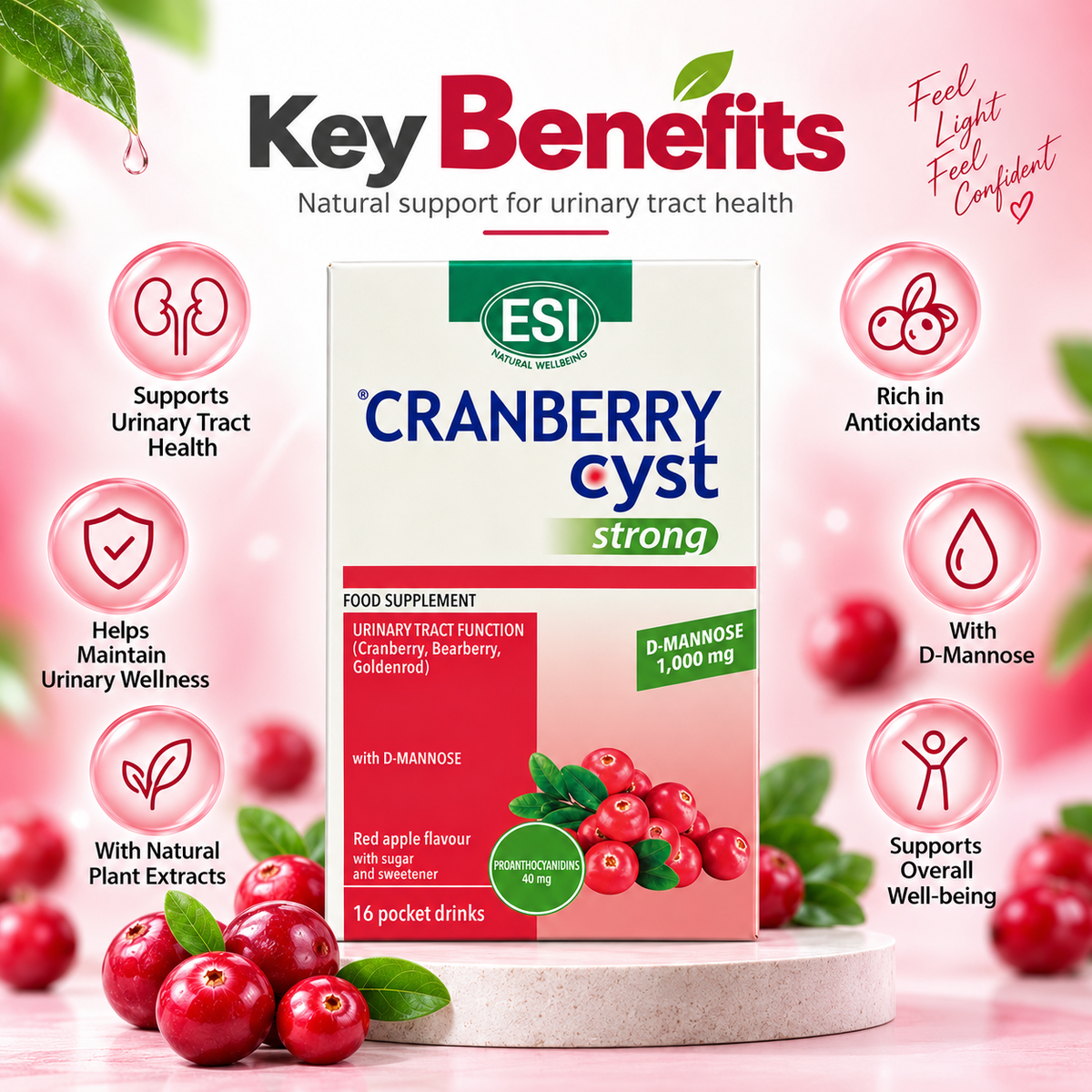ESI Cranberry Cyst Strong urinary tract support food supplement with D-Mannose, 16 pocket drinks for urinary wellness