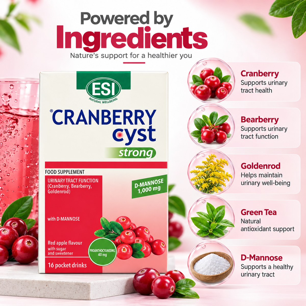 ESI Cranberry Cyst Strong urinary tract support food supplement with D-Mannose, 16 pocket drinks for urinary wellness
