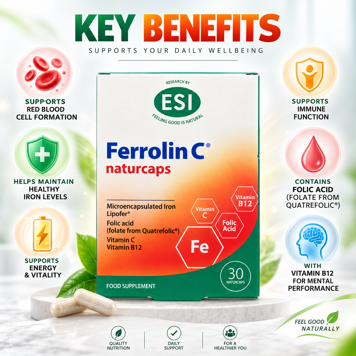 ESI Ferrolin C Naturcaps food supplement with iron, folic acid, vitamin C and B12, 30 capsules for daily nutritional support
