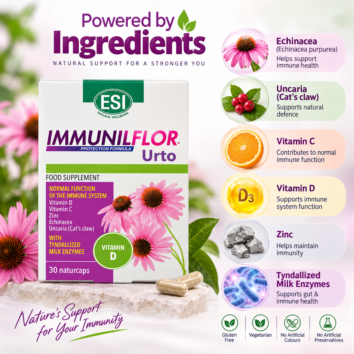 ESI Immunilflor Urto 30 Naturcaps food supplement with vitamin C, D, zinc and echinacea for normal immune system function