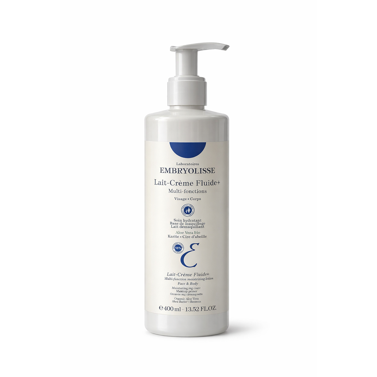 Embryolisse Lait-Crème Fluide+ multi-function face and body moisturizer 400ml bottle for hydration and makeup base