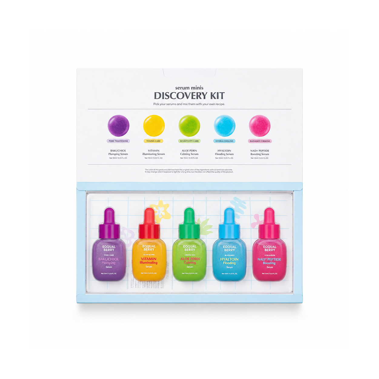 Equalberry Serum Minis Discovery Kit face serum set 10ml x 5 featuring Bakuchiol, Vitamin, Aloe PDRN, Hyaltoin and NAD+ Peptide for hydration and radiance.