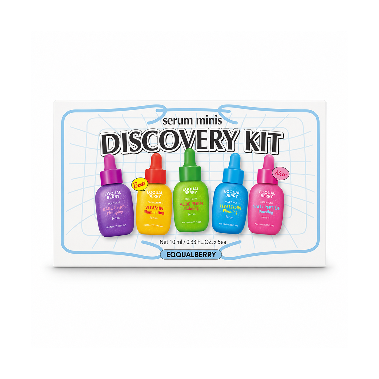 Equalberry Serum Minis Discovery Kit face serum set 10ml x 5 featuring Bakuchiol, Vitamin, Aloe PDRN, Hyaltoin and NAD+ Peptide for hydration and radiance.