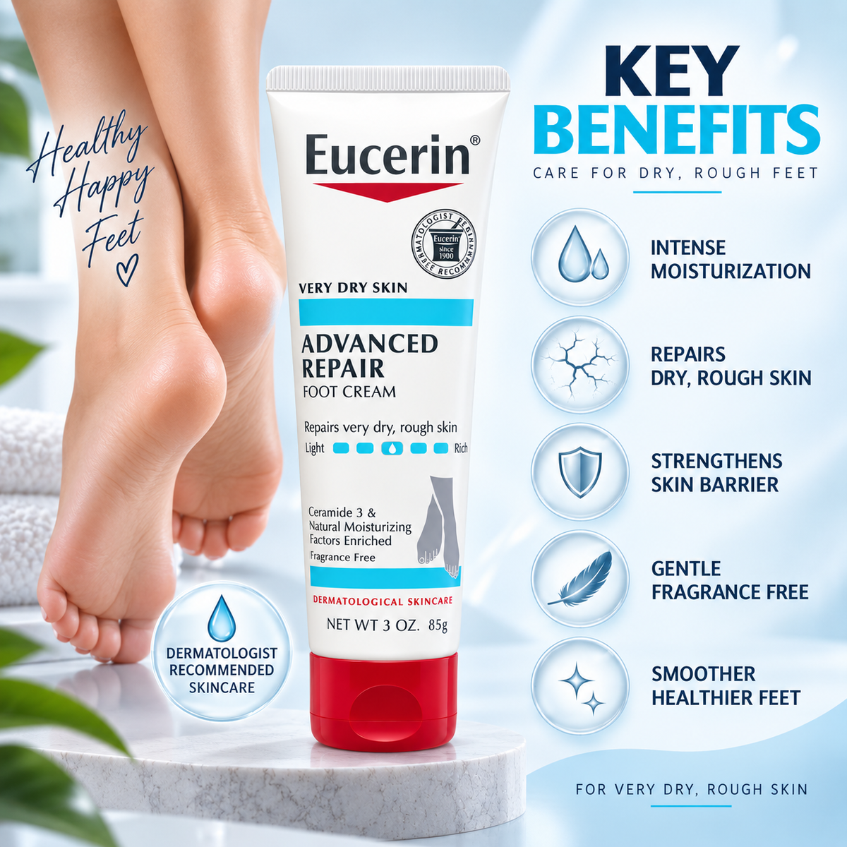 Eucerin Advanced Repair Foot Cream 85g for very dry, rough feet, with moisturizing and skin barrier care benefits