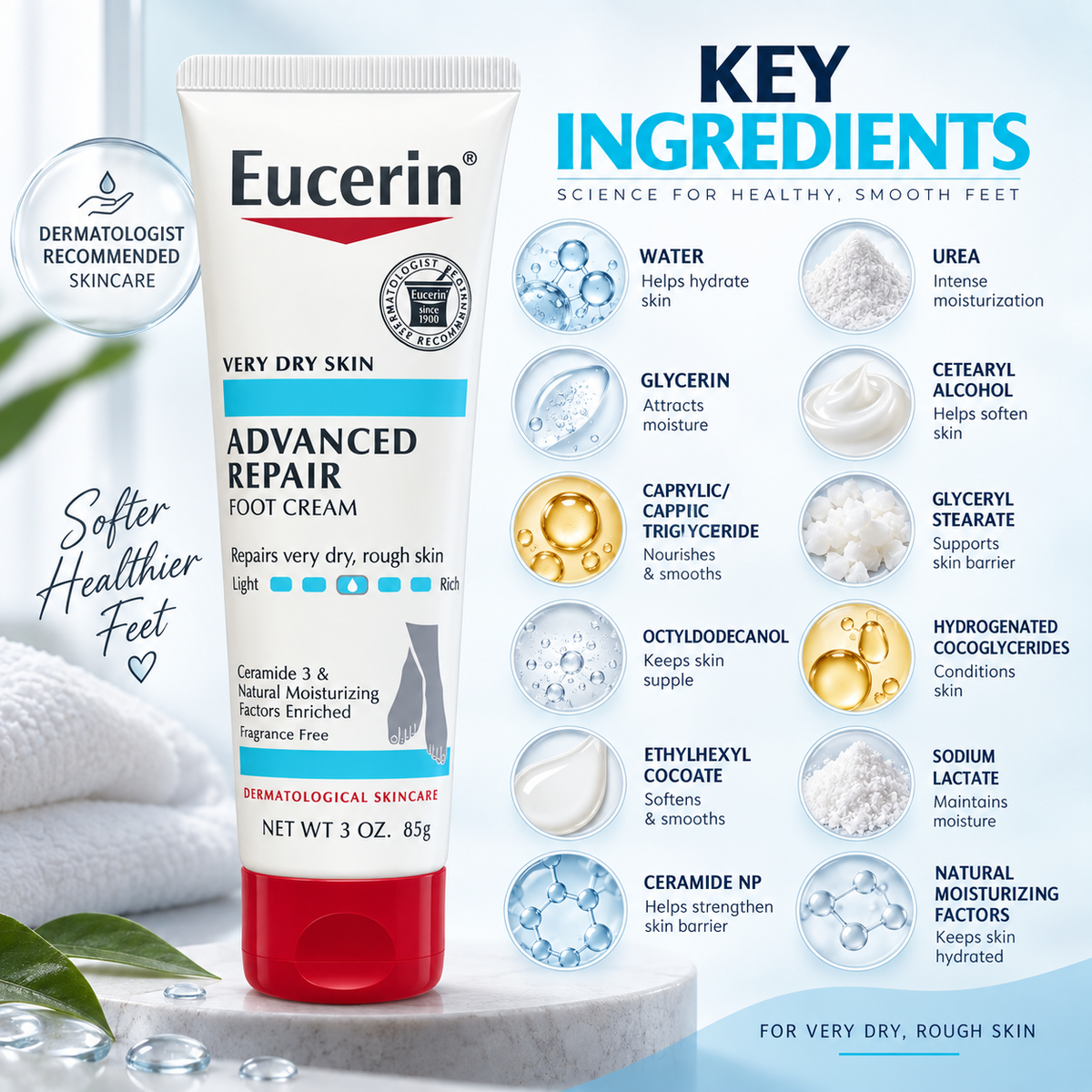 Eucerin Advanced Repair Foot Cream 85g for very dry, rough feet, with moisturizing and skin barrier care benefits