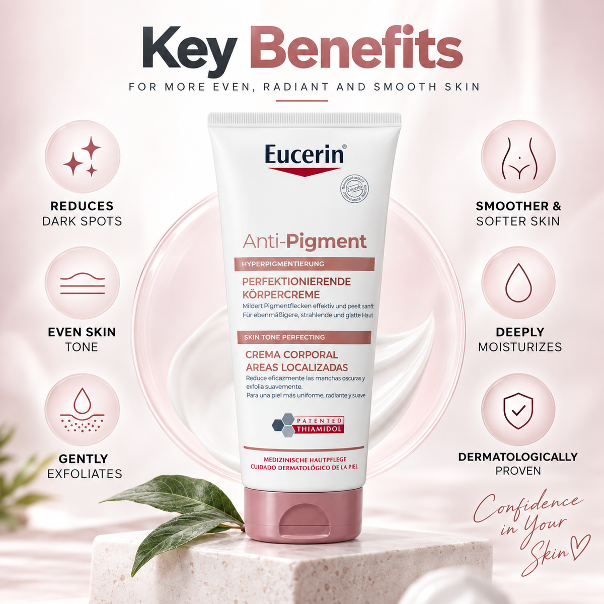 Eucerin Anti-Pigment Skin Tone Perfecting Body Cream 200ml for reducing dark spots and improving uneven skin tone.