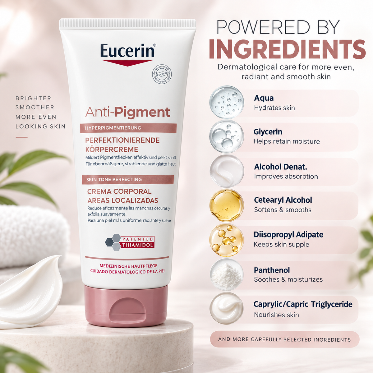 Eucerin Anti-Pigment Skin Tone Perfecting Body Cream 200ml for reducing dark spots and improving uneven skin tone.