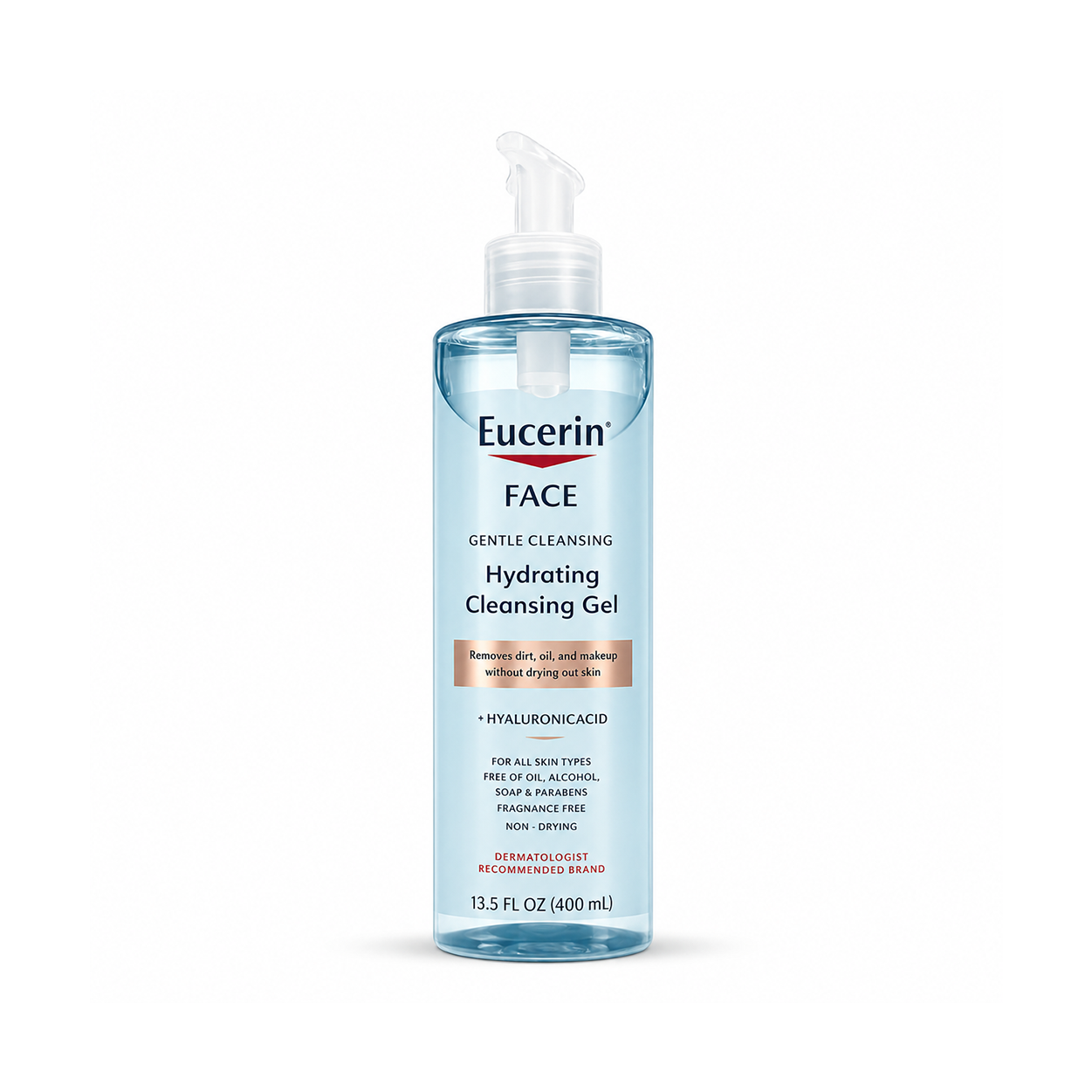 Eucerin Face Gentle Cleansing Hydrating Cleansing Gel 400ml facial cleanser bottle that gently removes dirt, oil and makeup while hydrating skin.